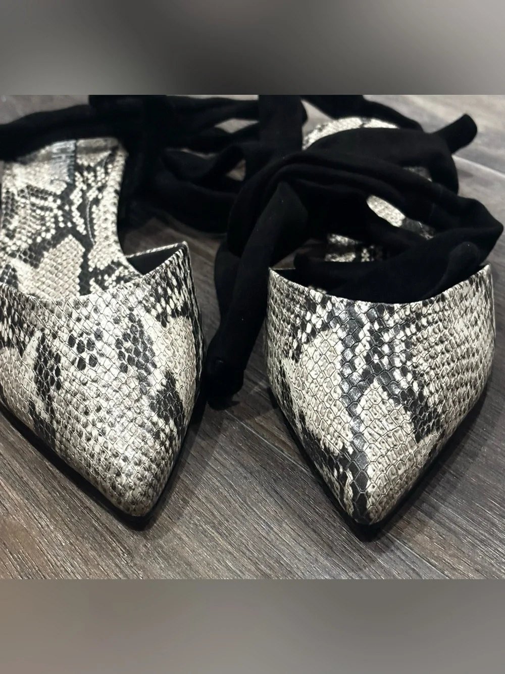 NIB Schutz Barbrah Snake Print Tie Ankle Ballet Flats Black Gray 9.5 Balletcore